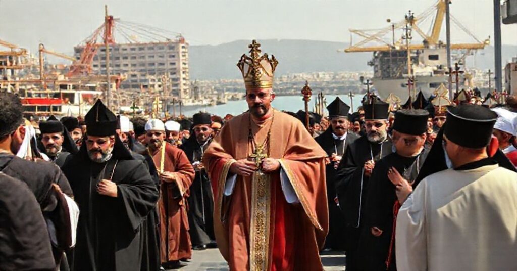 Procesja katolicka w Bejrucie pod przywództwem uzurpatora 'Leona XIV' wśród liderów religijnych różnych wyznania na tle zniszczonego portu Bejrut.