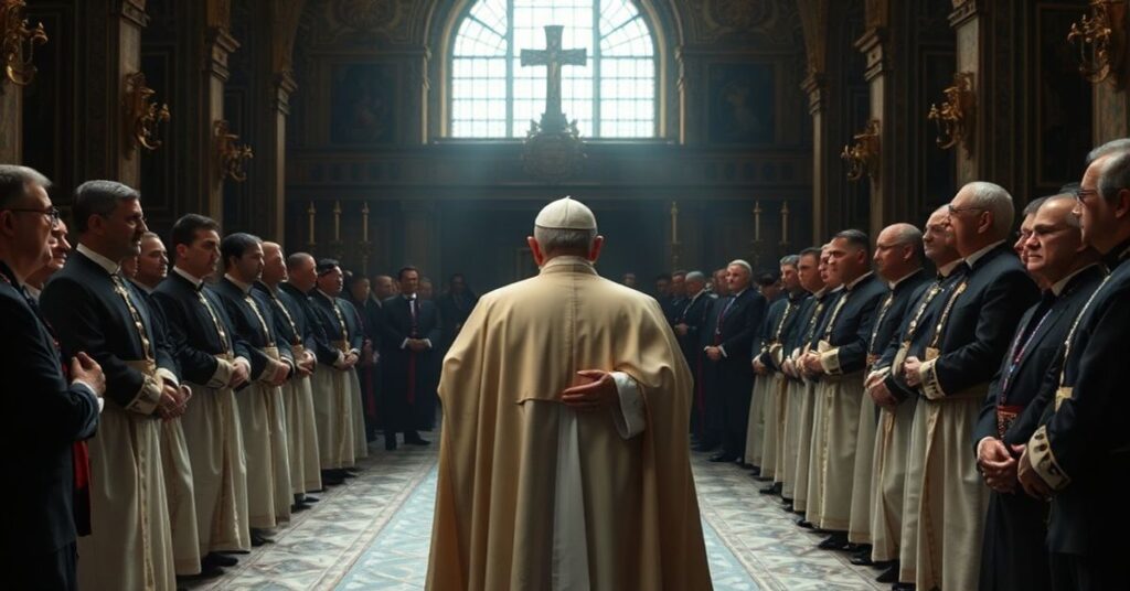 Wizja tradycyjnego watykańskiego pomieszczenia z uzurpatorem w papieskich szatach odczytującym przemówienie dla "gentiluomini", akcentującą naturalistyczny rytuał zamiast nadprzyrodzonej posługi kościelnej.