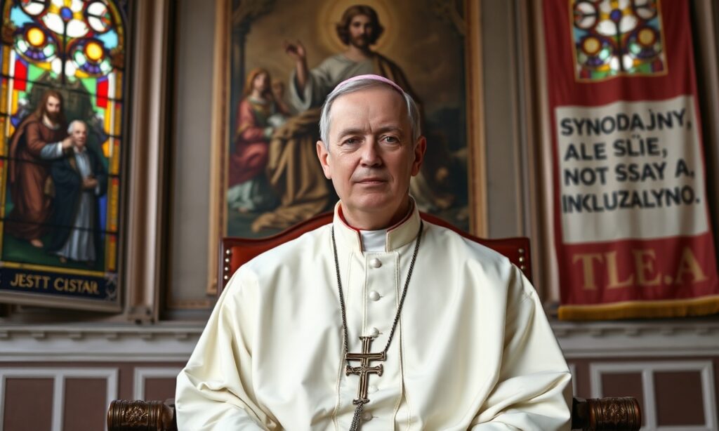 Portret Roberta Prevosta noszącego tytuł "Leon XIV" siedzącego w opuszczonym tronem papieskim w Watykanie