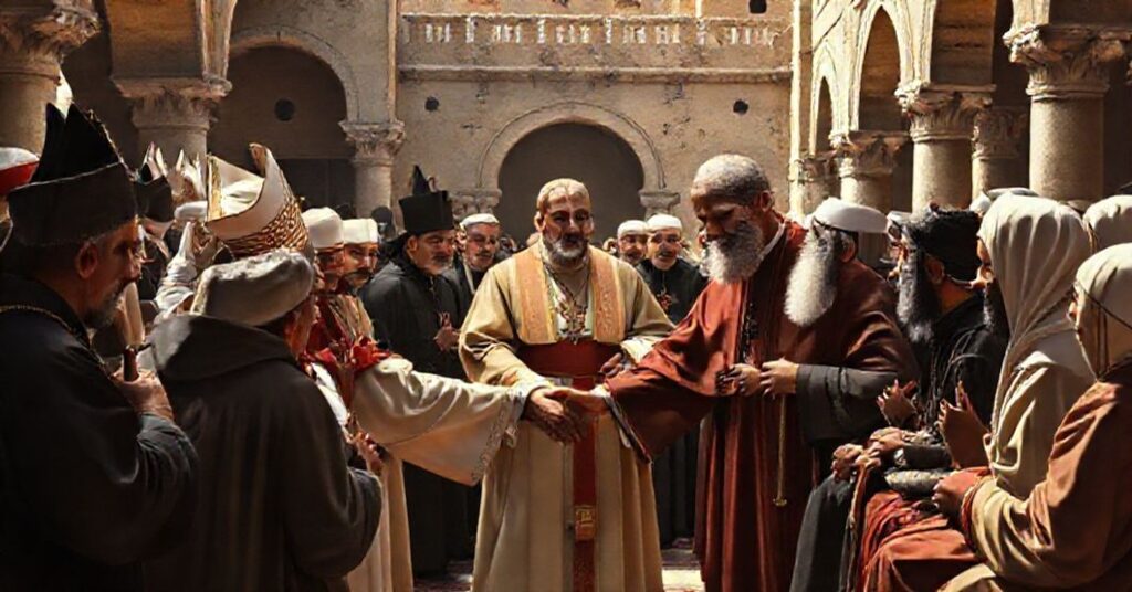 Ozdobny obraz przedstawiający uzurpatora watykańskiego Roberta Prevosta podczas ekumenicznego spotkania z szyickim przywódcą w Libanie.