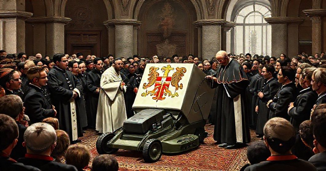 Przywódca w Watykanie podczas audiencji z elektryczną kosiarką Swardman z herbem fałszywej Stolicy Apostolskiej