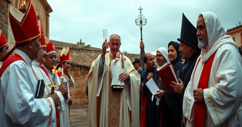 Scena przedstawiająca rzekomego papieża Leona XIV w Peru podczas fałszywej wizyty w 2026 roku. Trzyma niekatolicki obraz Señor de los Milagros podczas teatralnego aktu apostazji.