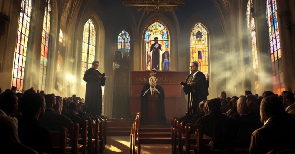 Wnętrze tradycyjnego kościoła katolickiego z biskupami Garcia i Campbell na ambonie podczas kontrowersyjnej homilii o Black History Month, z obrazem Martina Luthera Kinga w tle.