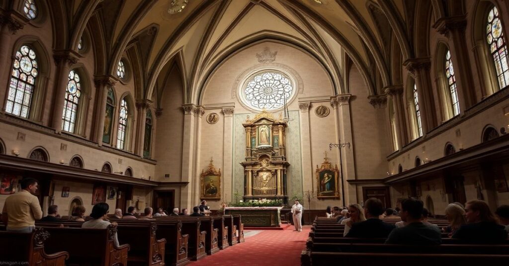 Stary katolicki kościół w Wenecji z widokiem na kanał podczas spektaklu muzycznego Rosjan podczas Biennale Sztuki.