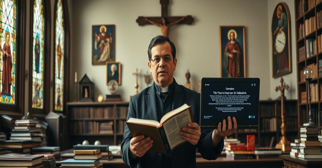 Wizeprezes Google Vic Gundotra podczas wygłoszenia ostrzeżenia przed idolatrią sztucznej inteligencji w tradycyjnym katolickim salonie konferencyjnym