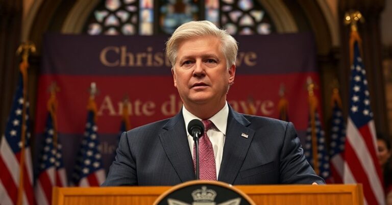 Portret wiceprezydenta J.D. Vance'a podczas przemówienia na konferencji Turning Point USA. Temat: protestancka herezja w polityce.