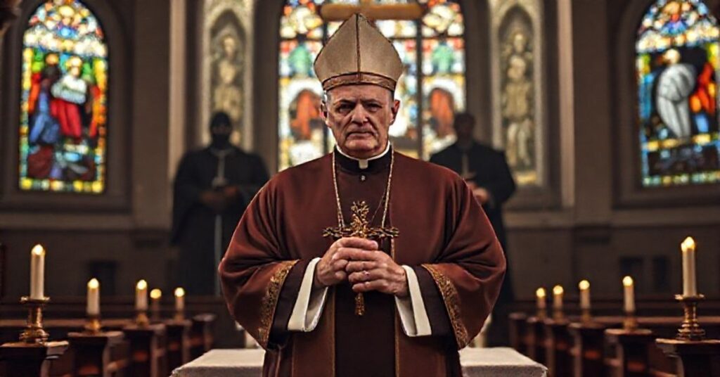 Archbishop Carlo Maria Viganò stoi przed ołtarzem z krzyżem w ręku, kontrastując z modernistycznymi figurami Watykanu odwracającymi się od prześladowań katolików w Nigerii