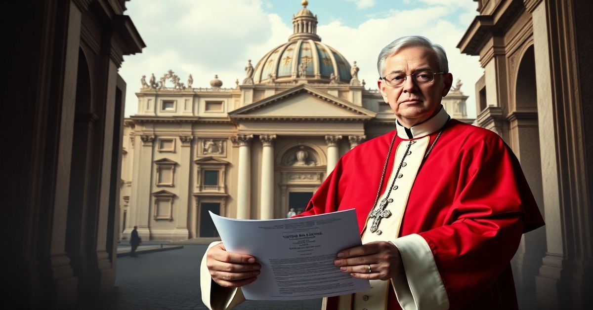 Portret arcybiskupa Carlosa Marii Viganò w tradycyjnym stroju kościelnym przed tłem Bazyliki Św. Piotra w Watykanie