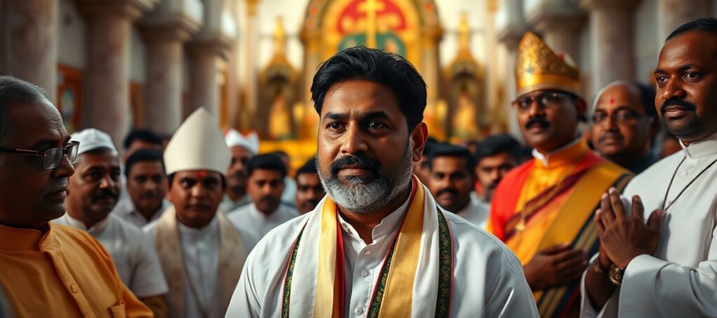 Portret Josepha Vijay'a podczas zaprzysiężenia na szefa rządu Tamil Nadu, z biskupami i księżymi w tle, w sanktuarium Vailankanni - symbolizujący konflikt między politycznym triumfem a duchową pustką.
