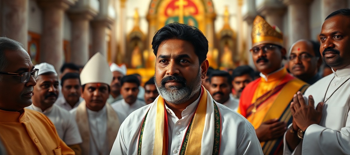 Portret Josepha Vijay'a podczas zaprzysiężenia na szefa rządu Tamil Nadu, z biskupami i księżymi w tle, w sanktuarium Vailankanni - symbolizujący konflikt między politycznym triumfem a duchową pustką.