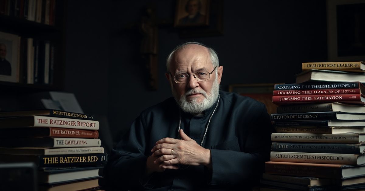 Portret Vittorio Messoriego w ciemnym gabinecie obok jego książek, symbolizujący jego rolę w popularyzacji modernistycznej apostazji w Kościele.