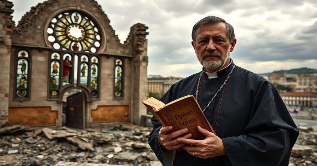 Portret Vittorio Messoriego przed ruinami modernistycznego kościoła.