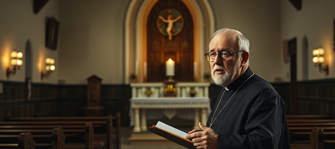Portret Rudolfa Voderholzera, rzekomego biskupa Ratyzbony, przemawiającego przed tradycyjnym ołtarzem katolickim z krzyżem. W tle widoczna jest staranna architektura kościelna z pustymi ławkami, symbolizującą upadek wiary. Cień podkreśla duchową pustkę i apostazję.