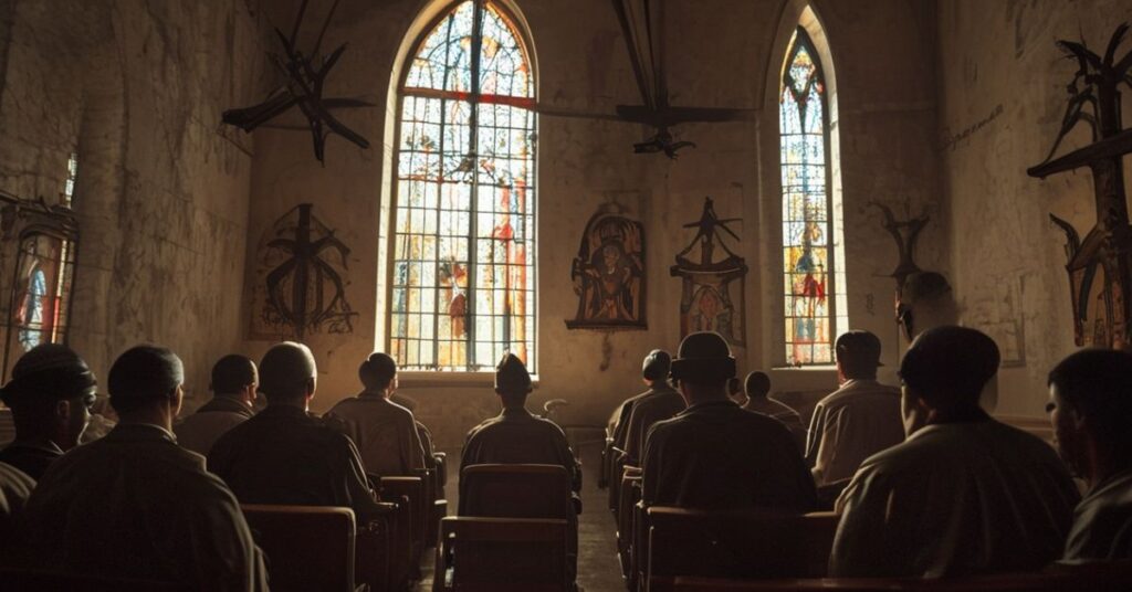 Nieszczęśliwi więźniowie w zakładzie karnym oglądają Ewangelię w VR, podczas gdy kapłan trzyma Najświętszy Sakrament w kaplicy