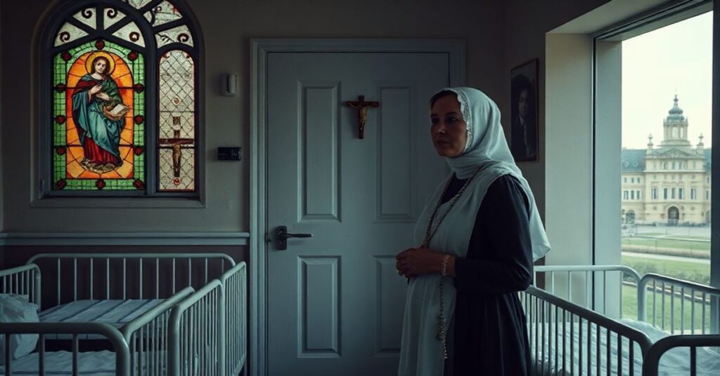 Kobieta w tradycyjnym stroju katolickim modli się przed zamkniętym oddziałem położniczym w Wadowicach, symbolizując demograficzny upadek i duchowe bankructwo Polski.