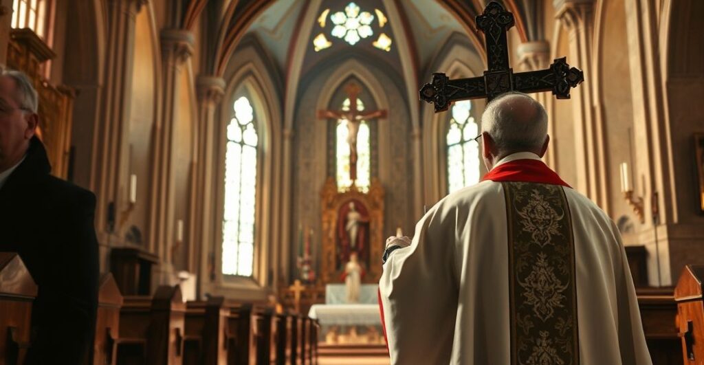 Rewerentne zdjęcie kościelne z kapłanem trzymającym krzyż w sanktuarium, symbolizujące walkę o moralność i życie w obliczu nowoczesnych zagrożeń