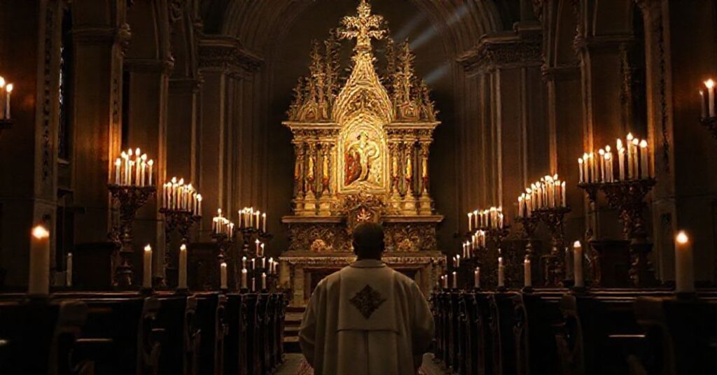 Tradycyjny wnętrze kościoła katolickiego z kapłanem modlący się przed tabernakulum w cienistej świetle świec.
