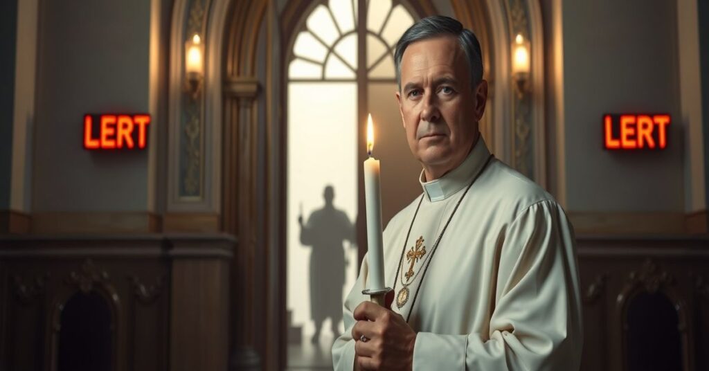 Tradycyjny ksiądz katolicki w habitach stoi przed zamkniętymi drzwiami kościoła, trzymając świecę symbolizującą prawdę wiary.