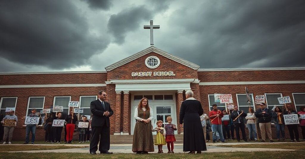 Tradycyjna katolicka rodzina modląca się przed szkołą w Saskatchewan podczas protestu aktywistów LGBT