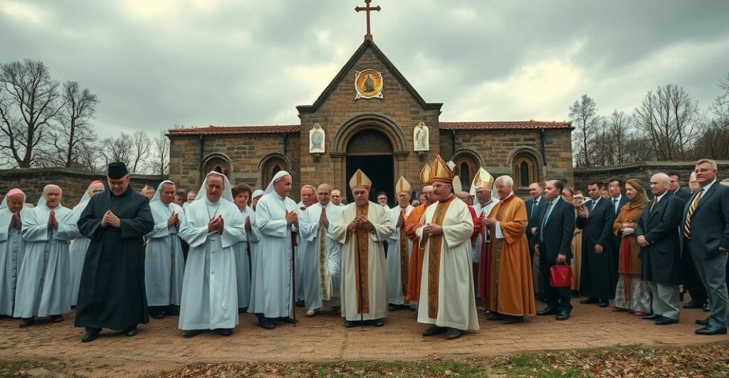 Prawdziwi wierni modlący się w sanktuarium św. Wojciecha w Świętym Gaju, kontrastujący z nowoczesnymi "biskupami" i świeckimi urzędnikami, symbolizujący walkę między prawdziwą wiarą a nowością.