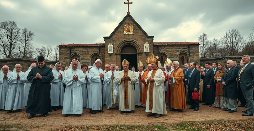 Prawdziwi wierni modlący się w sanktuarium św. Wojciecha w Świętym Gaju, kontrastujący z nowoczesnymi "biskupami" i świeckimi urzędnikami, symbolizujący walkę między prawdziwą wiarą a nowością.