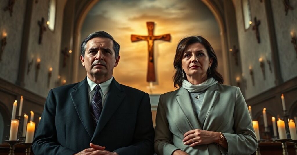 Obraz przedstawiający prezydenta Javier'a Mileiego i wiceprezydenta Victorię Villaruel w tradycyjnym katolickim kościele, symbolizujący walczący z przemysłem aborcyjnym.