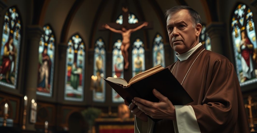 Sobór katolicki z krzyżem i księgą, symbolizujący walkę wiary z modernistycznym relatywizmem.