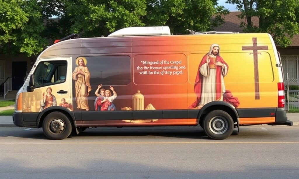 Wan dostawczy ozdobiony obrazami religijnymi i cytatem z Ewangelii Mateusza, błogosławiony przez biskupa w diecezji Columbus