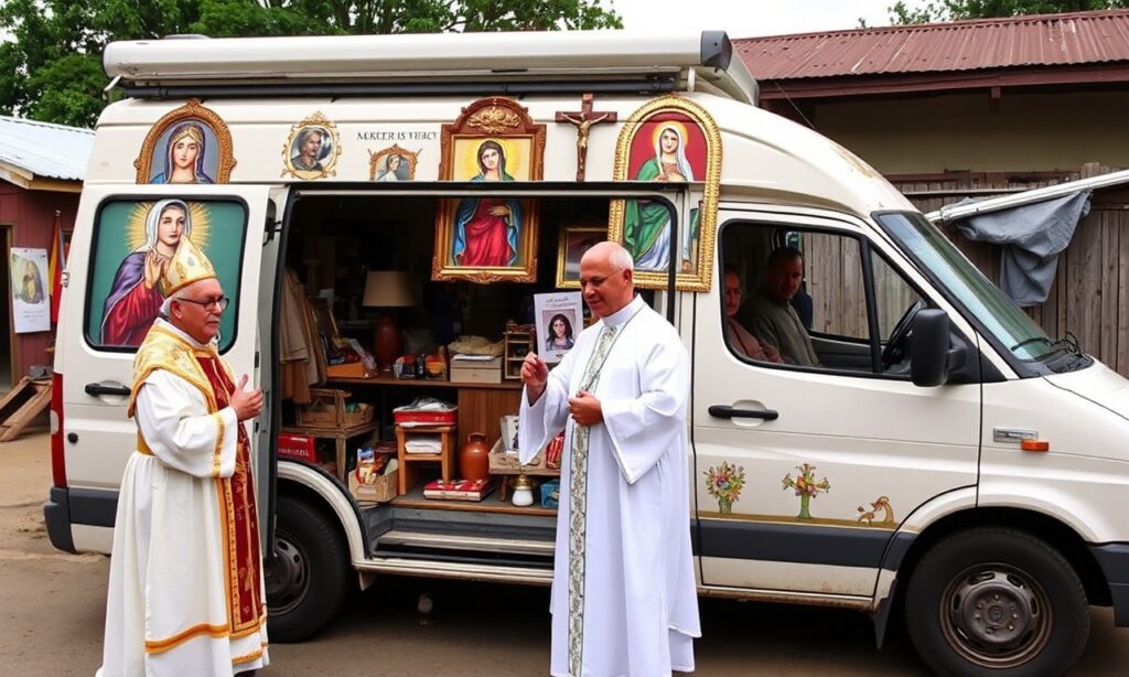 Wan z obrazami Jezusa, Matki Bożej, Bożego Miłosierdzia i św. Teresy z Kalkuty w dzielnicy Columbus w Ohio