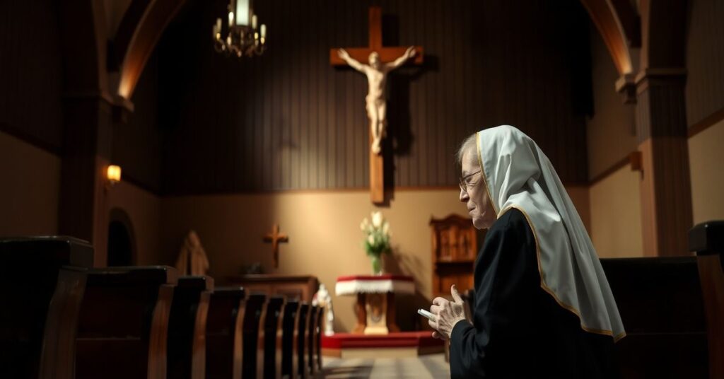 Obraz przedstawiający Wandę Błeńską w tradycyjnym stroju katolickim modlącą się przed krucyfiksem w skromnym wnętrzu kościoła