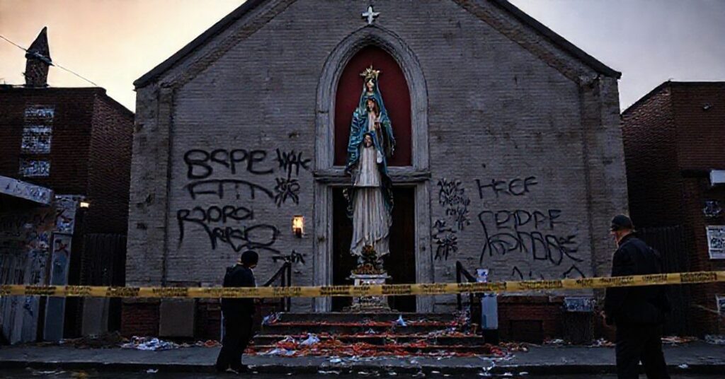 Zdjęcie wandalizacji katolickiego kościoła w Queens w Nowym Jorku z antychrześcijańskimi graffiti