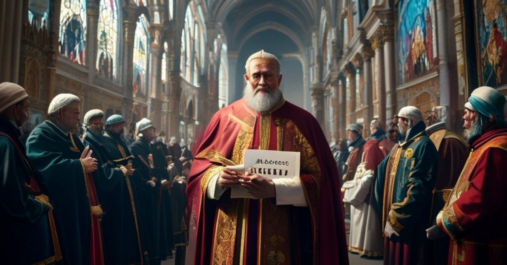 Wizerunek przedstawiający watykańskiego dykusa w tradycyjnym stroju kardynalskim przed katedrą, trzymającego dokument 'Rada Pokoju', otoczonego przez świeckich przywódców. Scena jest pełna napięcia i symbolizuje zdradę Królestwa Chrystusowego.