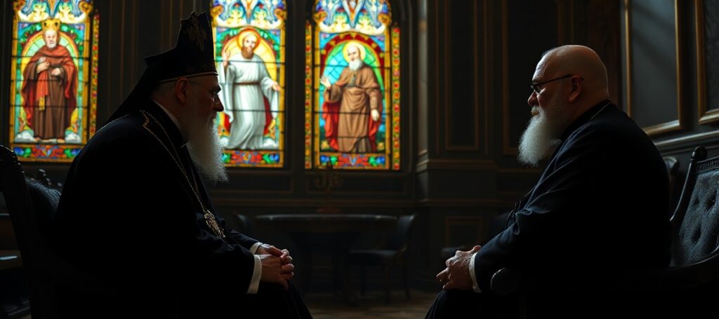 Obraz przedstawiający schizmę i fałszywy ekumenizm: Aram I z Apostolskiego Kościoła Ormiańskiego spotyka się z uzurpatorem Watykanu
