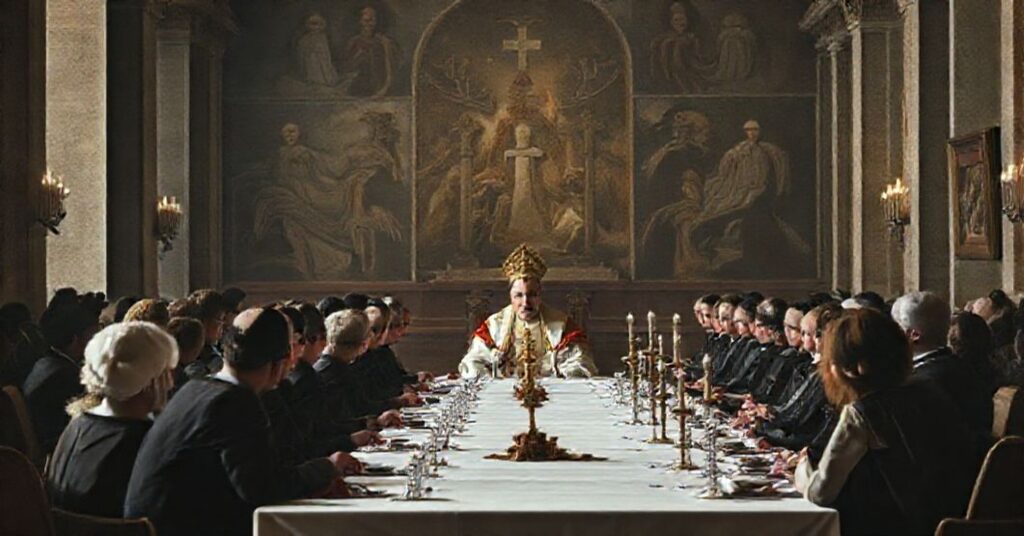 Scena bankietu w Watykanie z udziałem aktywistów transpłciowych podczas Jubileuszu Ubogich w 2025 roku pod przewodnictwem uzurpatora Leona XIV.