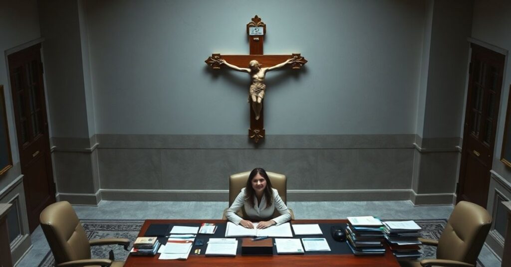 Obraz przedstawiający nową dyrektorkę personalną Paolę Fanelli w biurze Watykanu, symbolizujący przekształcenie Stolicy Apostolskiej w świecką korporację.