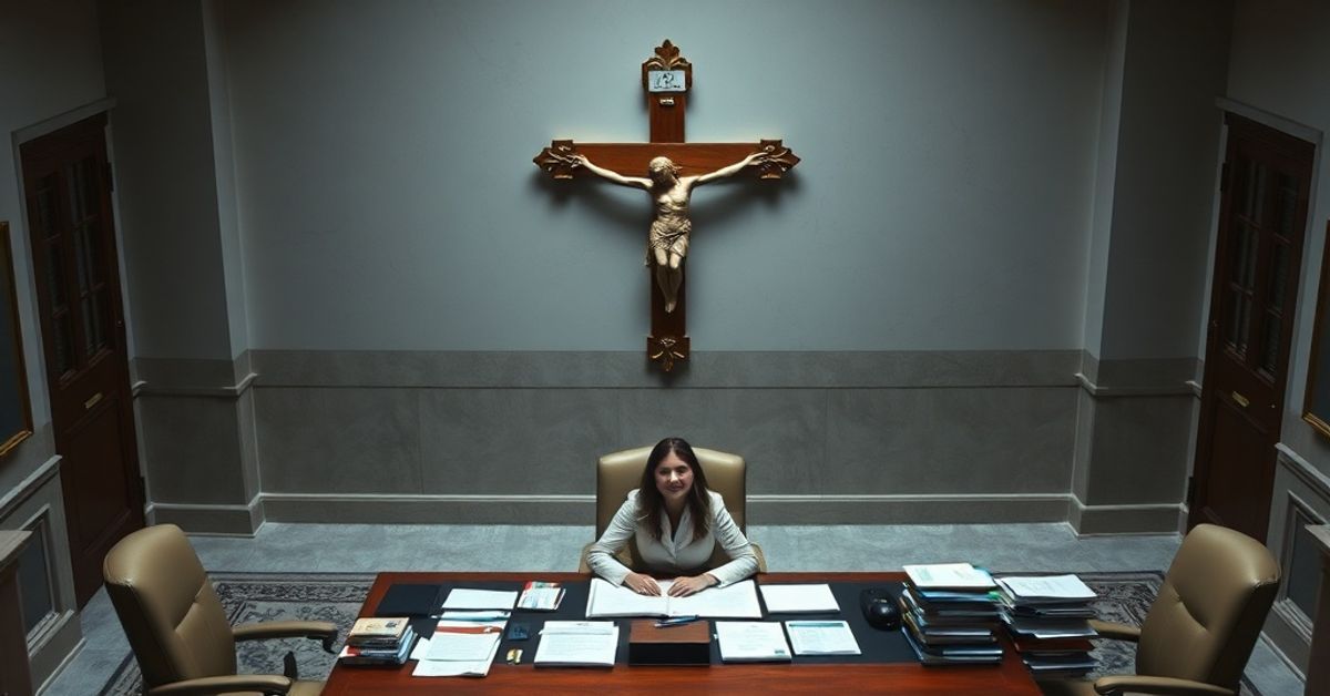 Nowa dyrekcja personalna Watykanu: sekularyzacja kościoła Obraz przedstawiający nową dyrektorkę personalną Paolę Fanelli w biurze Watykanu, symbolizujący przekształcenie Stolicy Apostolskiej w świecką korporację.