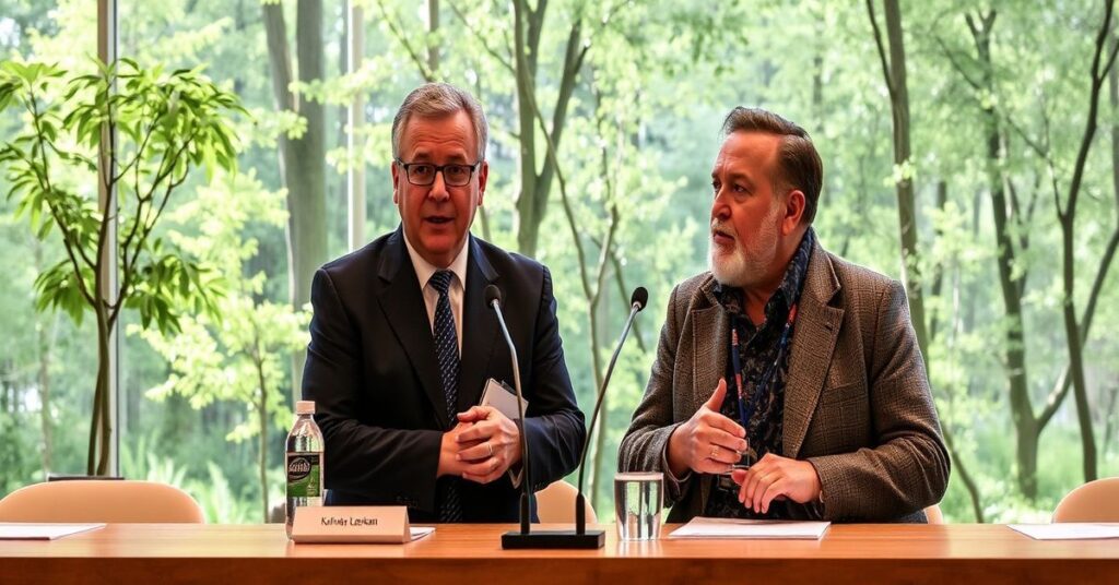 Kardynał Fabio Baggio i Álvaro Leonel Ramazzini w sali konferencyjnej Watykanu prezentują platformę dezinwestycji górniczych.