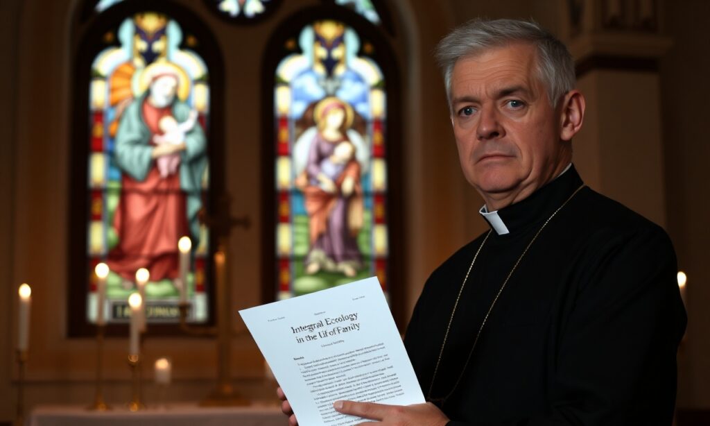 Ksiądz w tradycyjnym stroju liturgicznym trzyma dokument Watykanu o ekologii integralnej przed oknem witrażowym przedstawiającym Świętą Rodzinę.