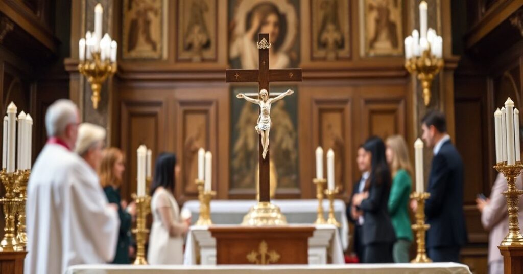 Ołtarz katolicki z krucyfiksem na tle młodzieży palestyńskiej i izraelskiej w Watykanie.