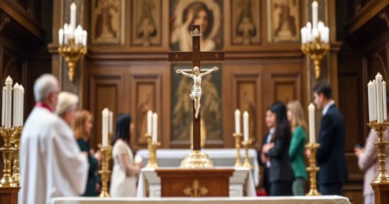 Ołtarz katolicki z krucyfiksem na tle młodzieży palestyńskiej i izraelskiej w Watykanie.