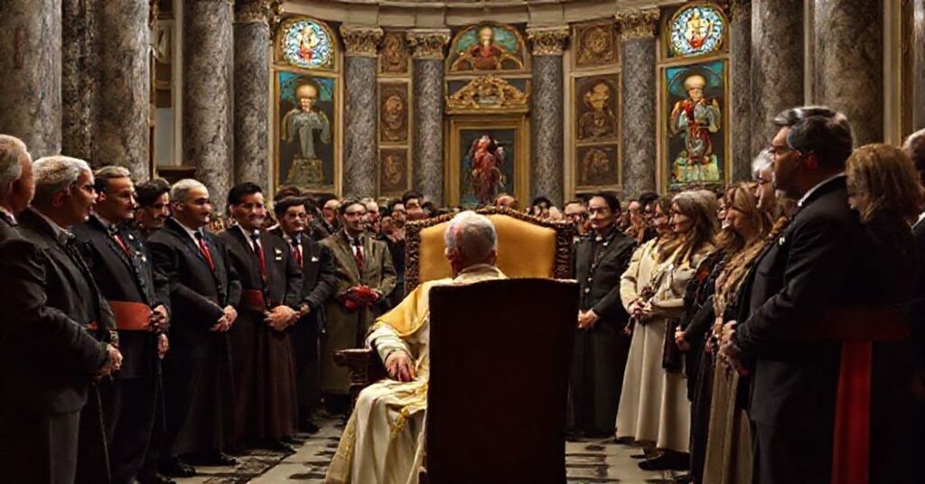 Scena w Watykanie z 'Papieżem Leonem XIV' i hollywoodzkimi reżyserami w świętej przestrzeni