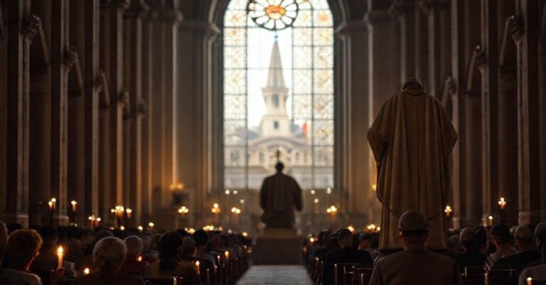Wnętrze katedry z grupą wiernych katolików modlących się przy świetlnych szklanych oknach, w tle widoczny jest minaret meczetu jako symbol zagrożenia islamizacji. Statua świętego Pawła I kontrastuje z ciemną postacią fałszywego „Papieża” Leona XIV.