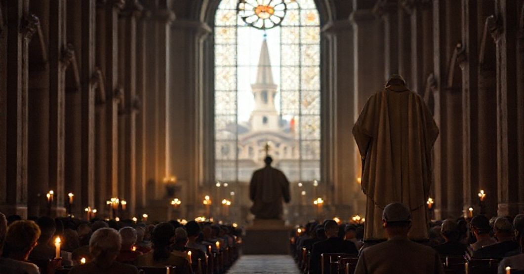 Wnętrze katedry z grupą wiernych katolików modlących się przy świetlnych szklanych oknach, w tle widoczny jest minaret meczetu jako symbol zagrożenia islamizacji. Statua świętego Pawła I kontrastuje z ciemną postacią fałszywego „Papieża” Leona XIV.