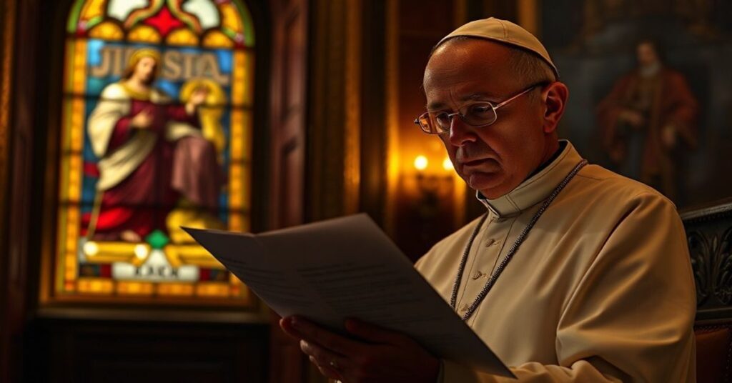 Prawdziwy biskup katolicki w tradycyjnym stroju w Rumie Watykańska czuje głęboką troskę podczas czytania dokumentu o mediacjach z dyktatorem Maduro.