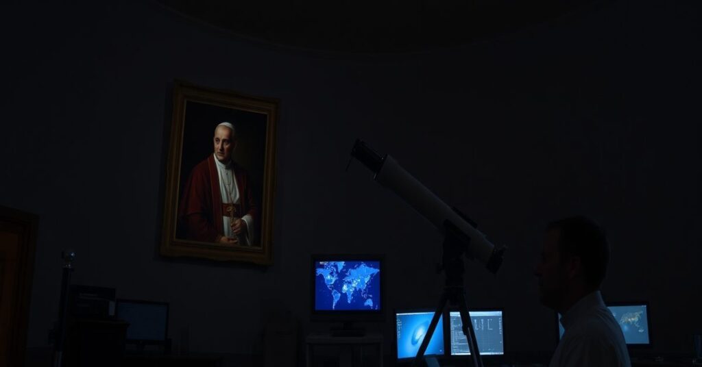 Wnętrze Watykańskiego Obserwatorium Astronomicznego z teleskopem skierowanym w niebo, symbolizujące rozbieżność między nowoczesną nauką a teologicznymi celami astronomii.