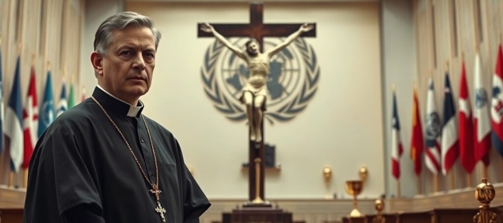 Tradycyjny ksiądz w sutannie przed złamanym krzyżem, symbolizujący apostazję Watykanu w oświadczeniu ONZ z 2026 roku