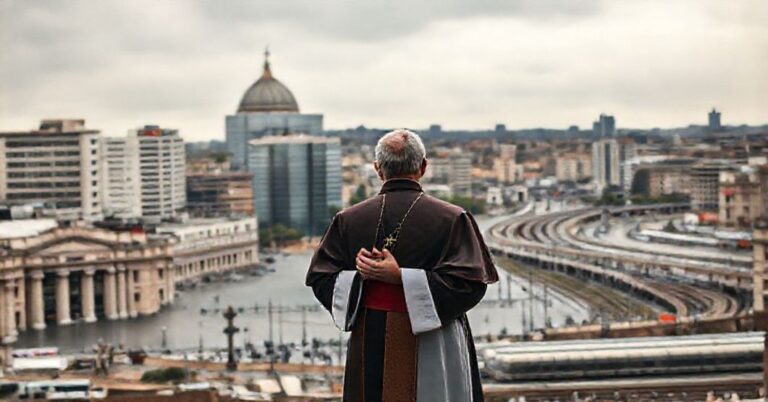 Obraz przedstawiający Watykan jako państwo świeckie z bankami i supermarketami na tle tradycyjnego kapłana w modlitwie.