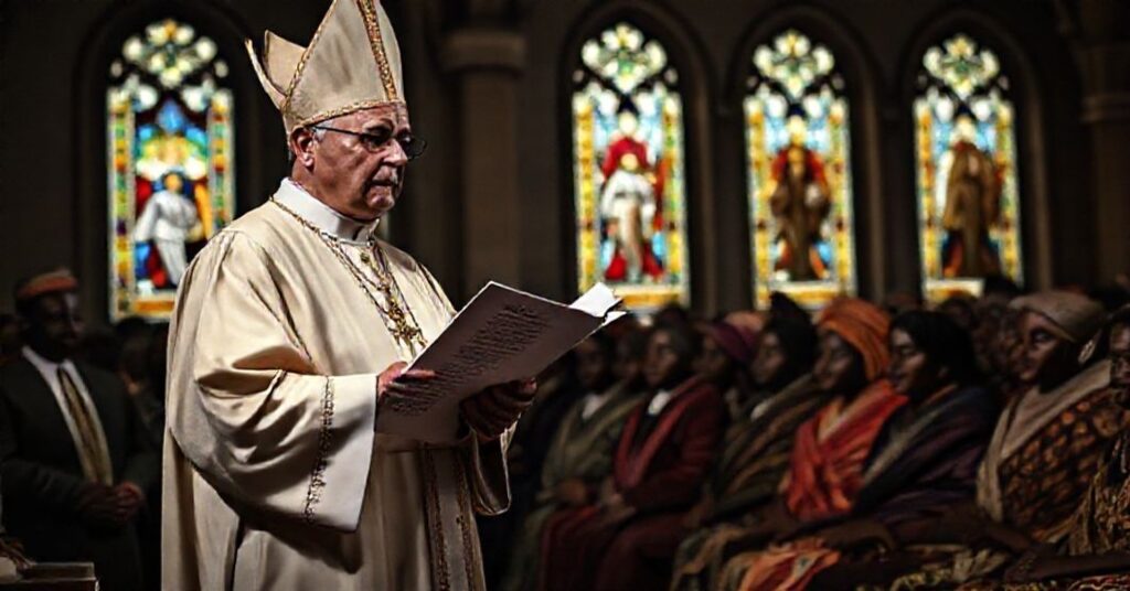Katolicki biskup w pełnym stroju liturgicznym przed afrykańskimi przywódcami tradycyjnymi, z dokumentem o monogamii.