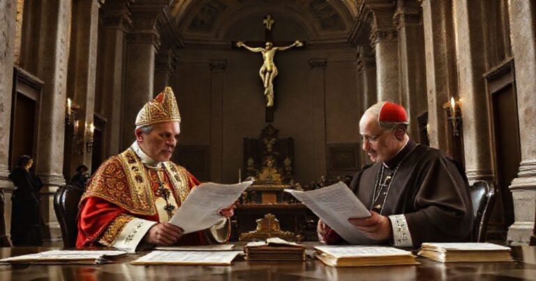 Wizerunek przedstawiający 'papieża' Leona XIV i 'kardynała' Pietra Parolina w Watykanie podczas przeglądania nowych przepisów pracy, które maskują rewolucję modernistyczną. Scena jest przygaszona i smutna.