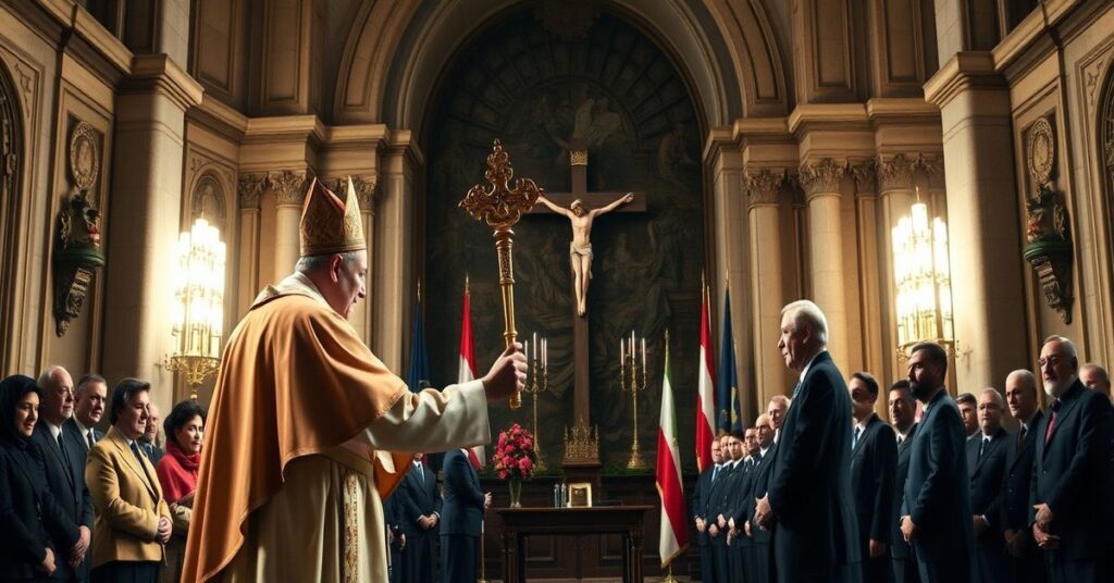 Przedstawienie kardynała Pierra Parolina oddającego władzę Chrystusa reprezentantom ONZ